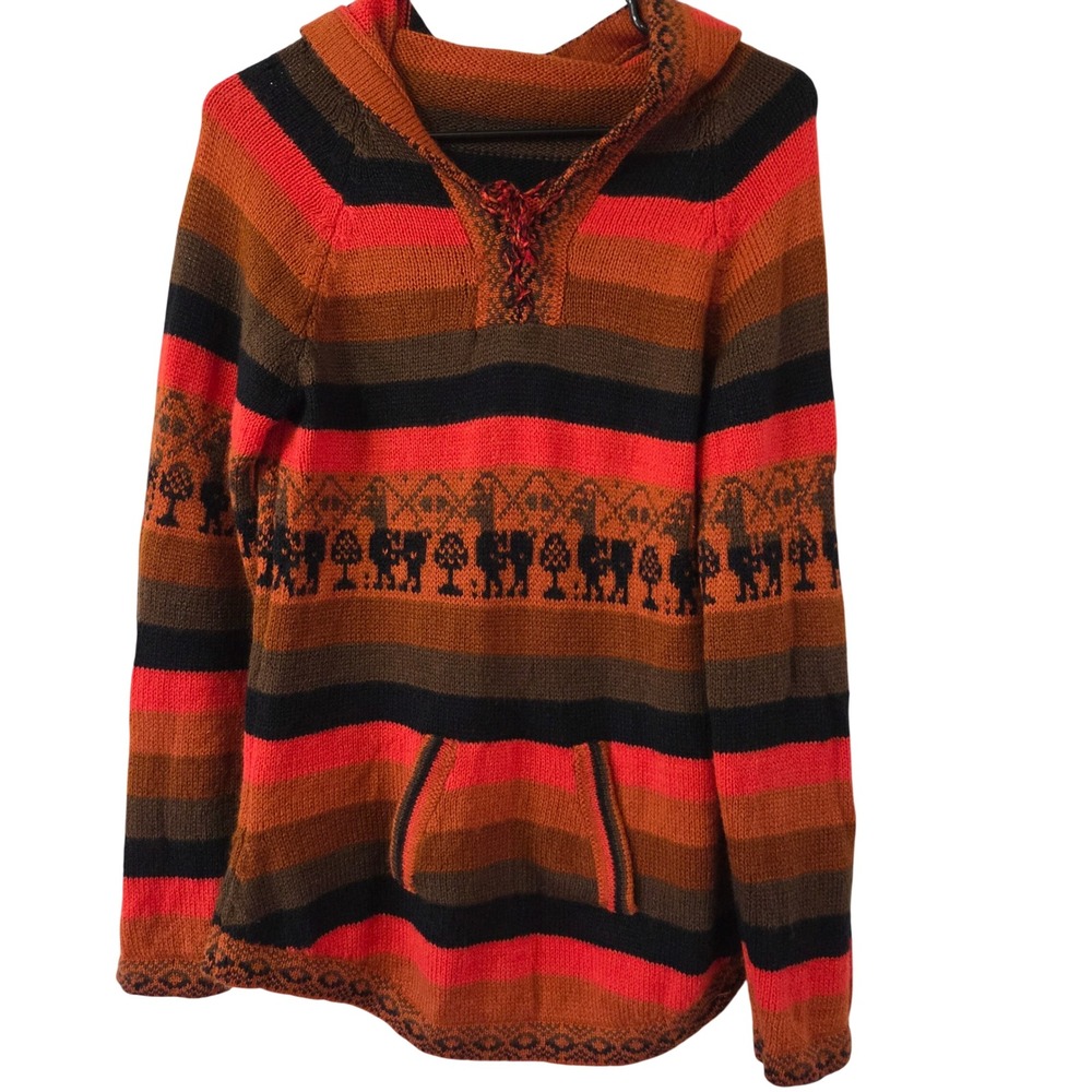 Peruvian Alpaca Blend Hooded Sweater Boho Southwestern Striped XS/S